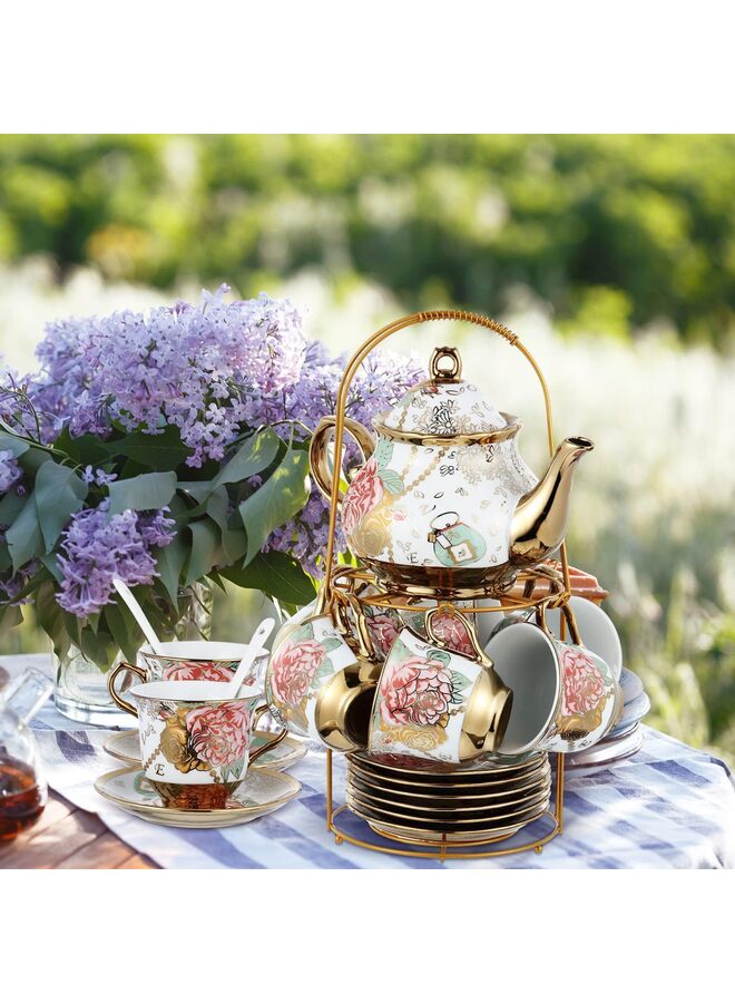 يُسلِّم طقم شاي من البورسلين مكون من 20 قطعة مع حامل معدني وملعقة، طقم شاي سيراميك مزين برسومات زهور أوروبية، إبريق شاي، كوب، صحن، وملعقة، للنساء، مقاس كبير - Image 5